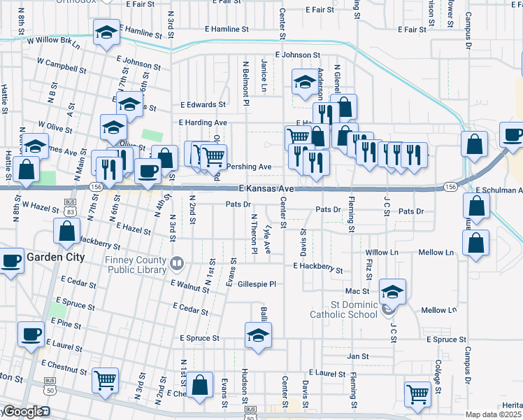 map of restaurants, bars, coffee shops, grocery stores, and more near 1011 Lyle Avenue in Garden City