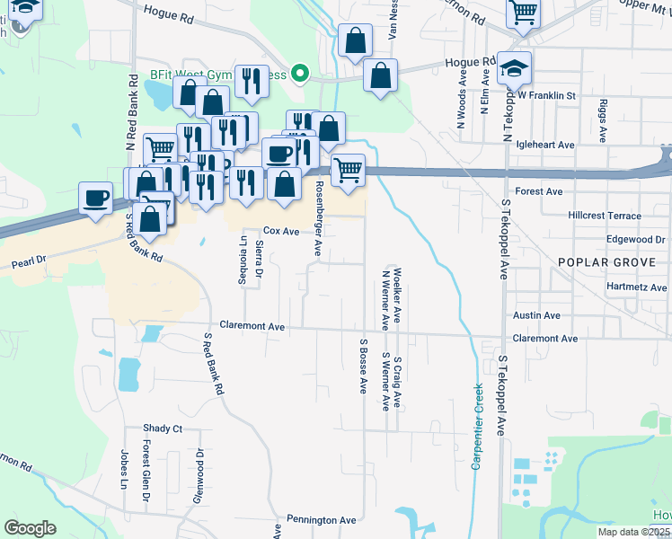 map of restaurants, bars, coffee shops, grocery stores, and more near 350 Rosenberger Avenue in Evansville