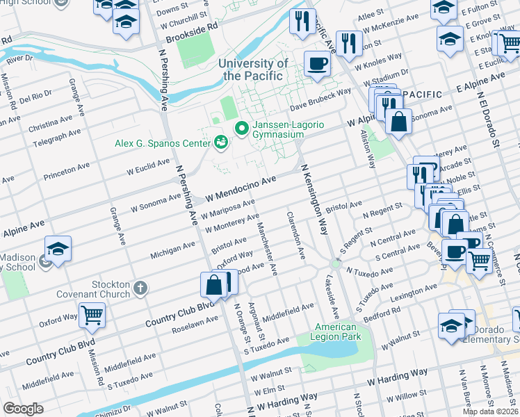 map of restaurants, bars, coffee shops, grocery stores, and more near 1071 West Monterey Avenue in Stockton