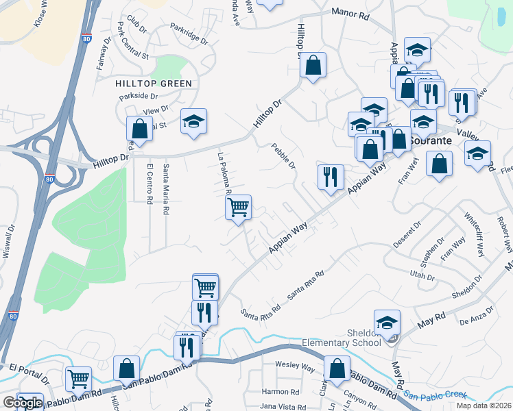 map of restaurants, bars, coffee shops, grocery stores, and more near 546 Chabre Court in El Sobrante