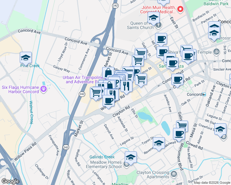 map of restaurants, bars, coffee shops, grocery stores, and more near 1701 Willow Pass Road in Concord