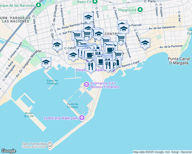 map of restaurants, bars, coffee shops, grocery stores, and more near Paseo de la Libertad in Torrevieja