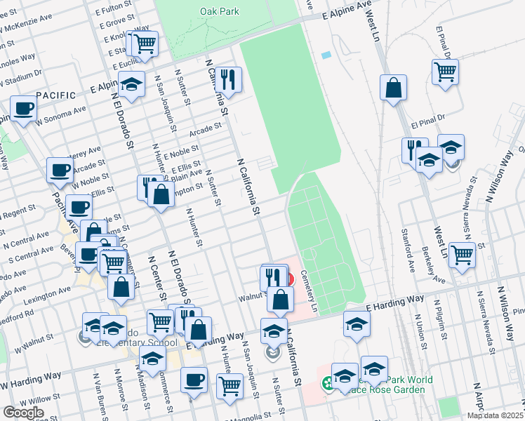 map of restaurants, bars, coffee shops, grocery stores, and more near 2216 North California Street in Stockton