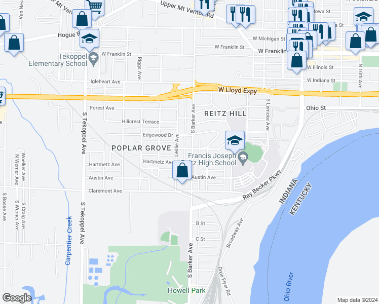 map of restaurants, bars, coffee shops, grocery stores, and more near 303 South Barker Avenue in Evansville