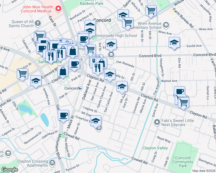 map of restaurants, bars, coffee shops, grocery stores, and more near 1470 Santa Clara Avenue in Concord