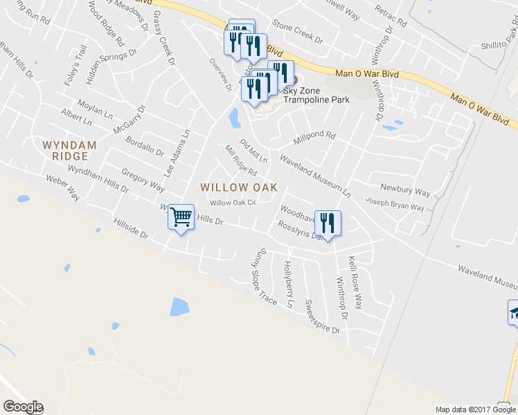 map of restaurants, bars, coffee shops, grocery stores, and more near 857 Willow Oak Circle in Lexington