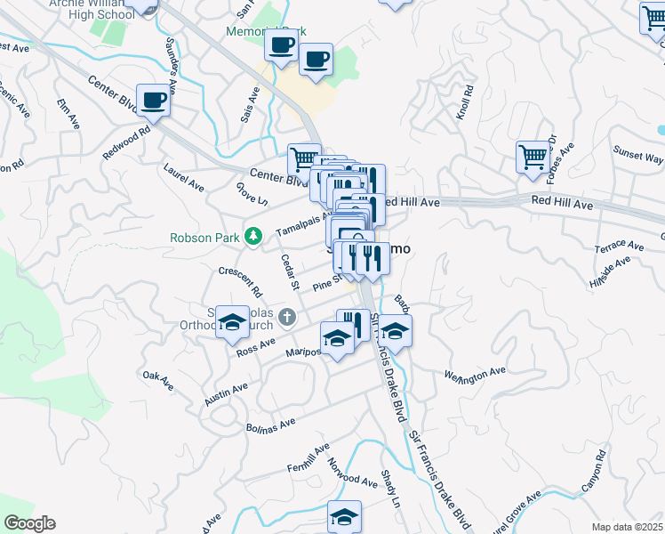 map of restaurants, bars, coffee shops, grocery stores, and more near 145A Tunstead Avenue in San Anselmo