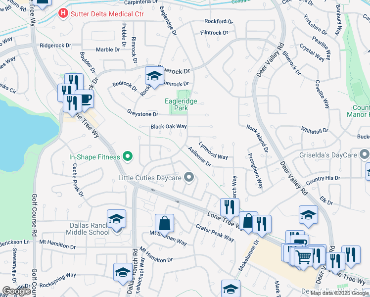 map of restaurants, bars, coffee shops, grocery stores, and more near 2000 Asilomar Drive in Antioch