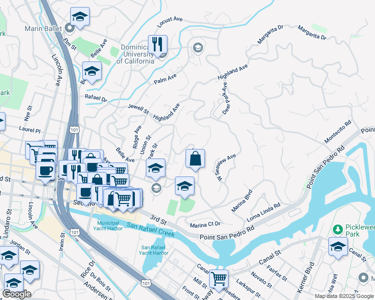 map of restaurants, bars, coffee shops, grocery stores, and more near 93 Jewell Street in San Rafael