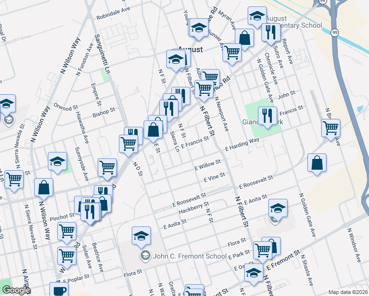 map of restaurants, bars, coffee shops, grocery stores, and more near 1455 North F Street in Stockton