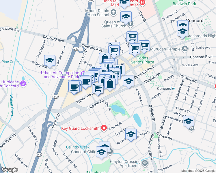 map of restaurants, bars, coffee shops, grocery stores, and more near 1821 Sutter Street in Concord