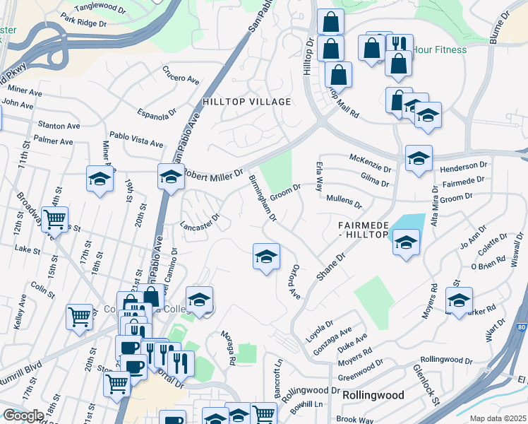 map of restaurants, bars, coffee shops, grocery stores, and more near 3073 Birmingham Drive in San Pablo