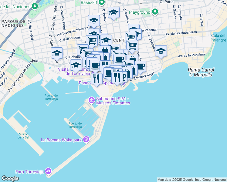 map of restaurants, bars, coffee shops, grocery stores, and more near 8B Paseo de la Libertad in Torrevieja