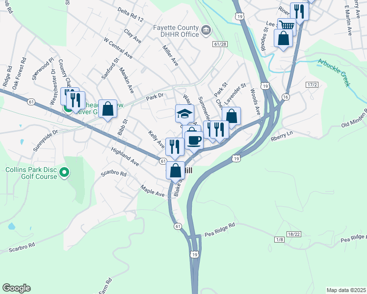 map of restaurants, bars, coffee shops, grocery stores, and more near 201 Lewis Street in Oak Hill