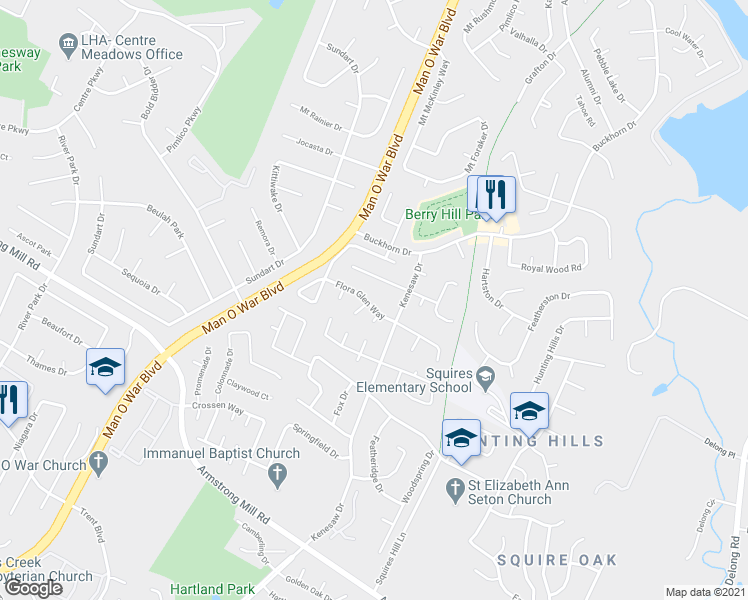 map of restaurants, bars, coffee shops, grocery stores, and more near 1573 Flora Glen Way in Lexington