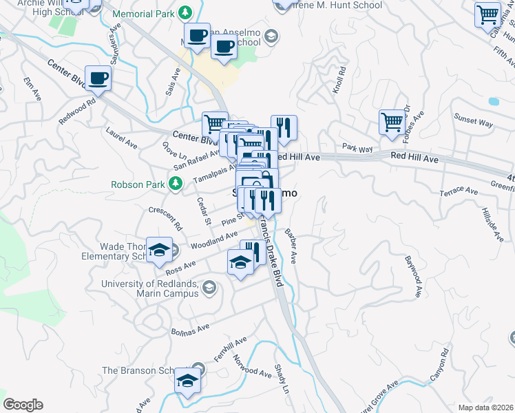 map of restaurants, bars, coffee shops, grocery stores, and more near 3 Tunstead Avenue in San Anselmo