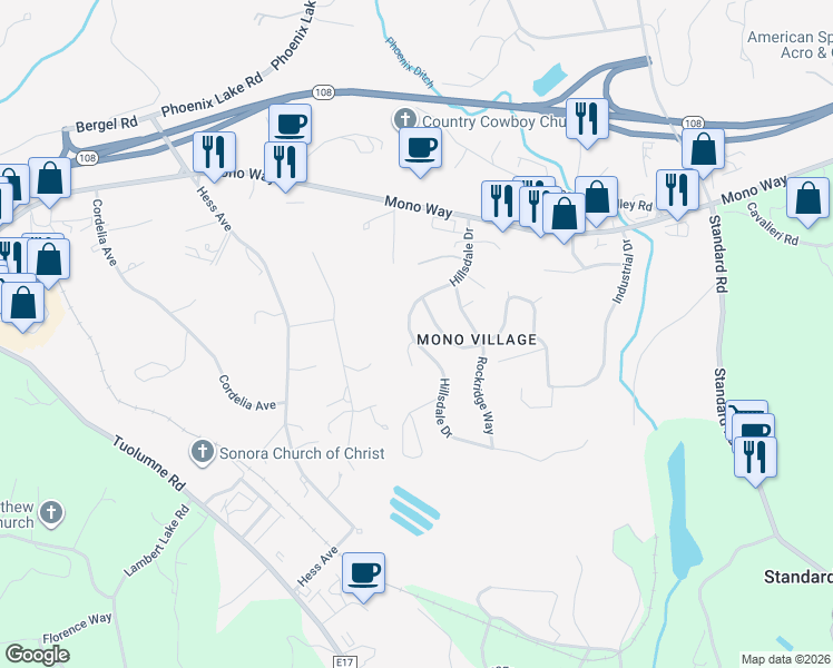 map of restaurants, bars, coffee shops, grocery stores, and more near 19359 Hillsdale Drive in Sonora