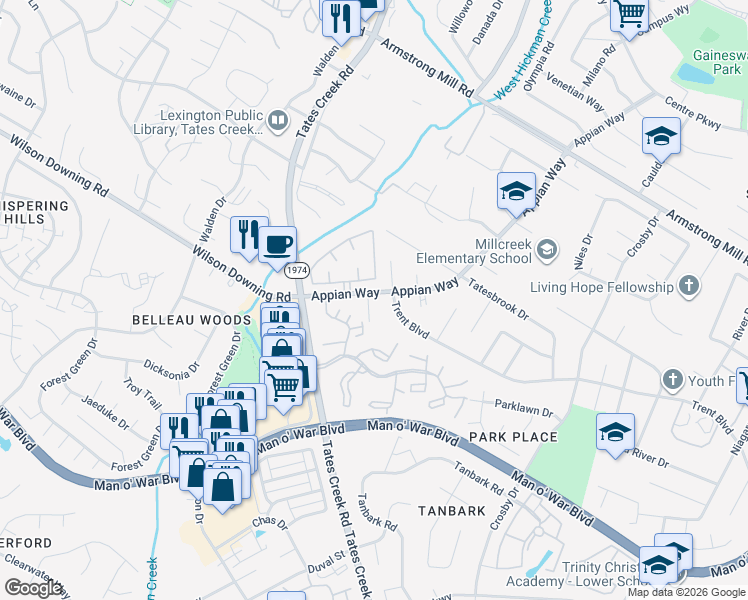 map of restaurants, bars, coffee shops, grocery stores, and more near 1041 Brookfield Drive in Lexington