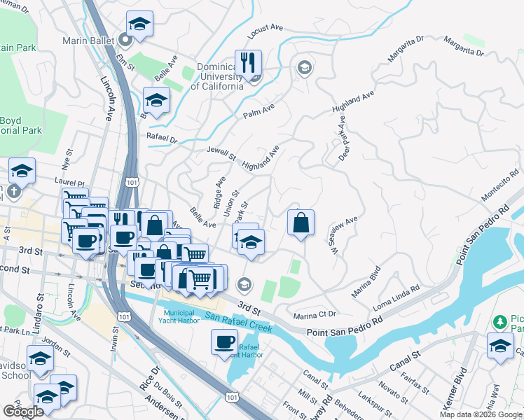 map of restaurants, bars, coffee shops, grocery stores, and more near 49 Valencia Avenue in San Rafael