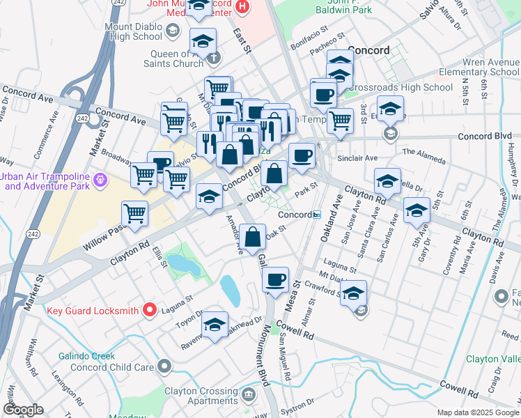 map of restaurants, bars, coffee shops, grocery stores, and more near 2000 Clayton Road in Concord