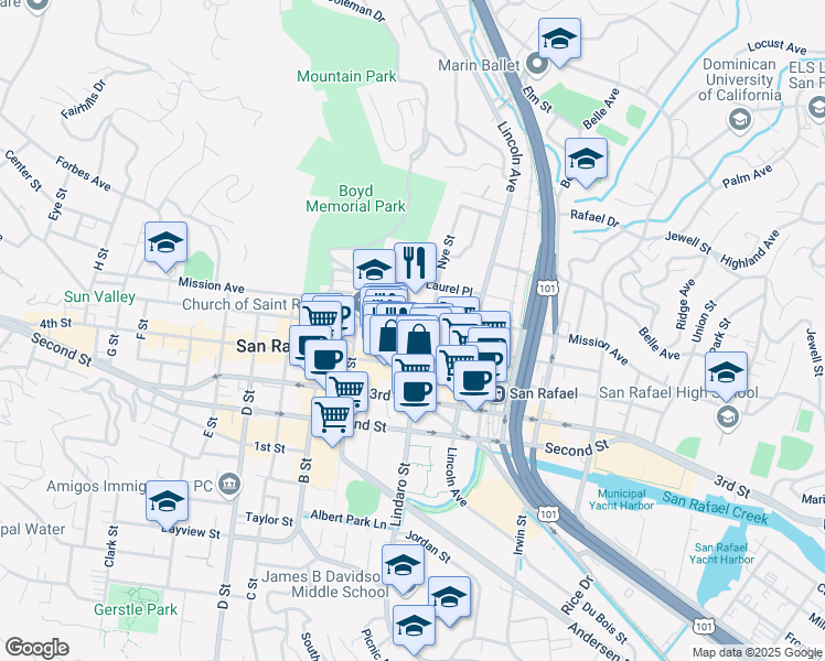 map of restaurants, bars, coffee shops, grocery stores, and more near 914 Fifth Avenue in San Rafael