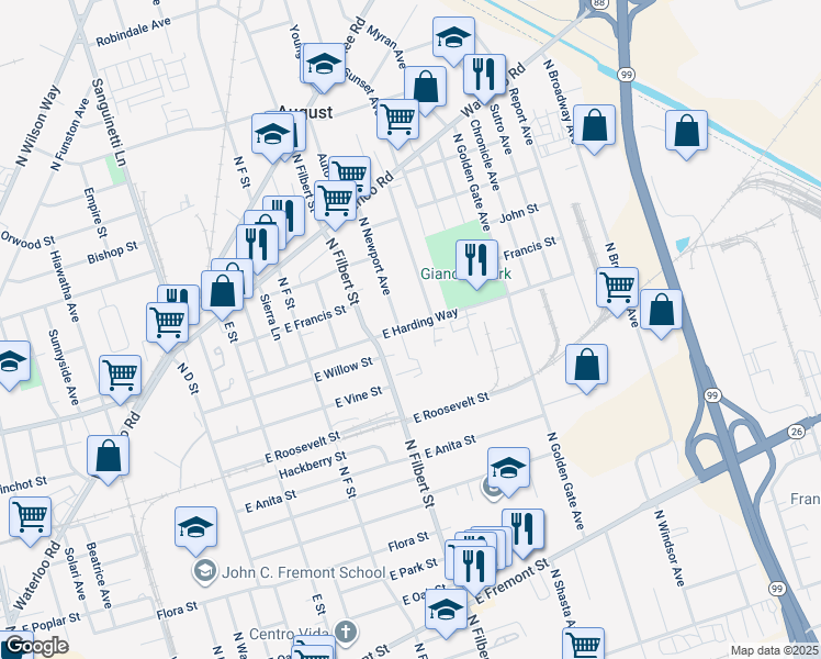 map of restaurants, bars, coffee shops, grocery stores, and more near 2612 East Harding Way in Stockton