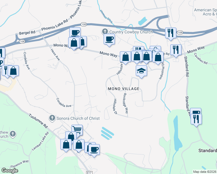 map of restaurants, bars, coffee shops, grocery stores, and more near 19359-19381 Hillsdale Dr in Sonora