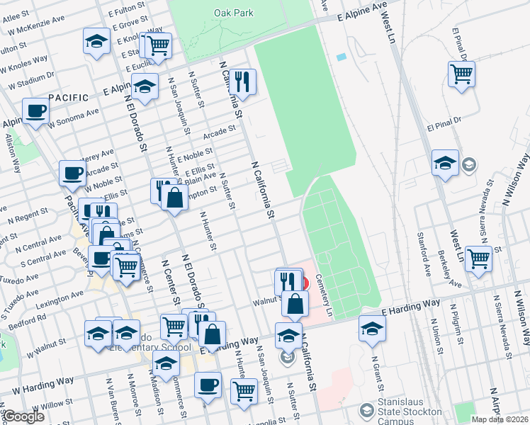 map of restaurants, bars, coffee shops, grocery stores, and more near 424 East Pine Street in Stockton