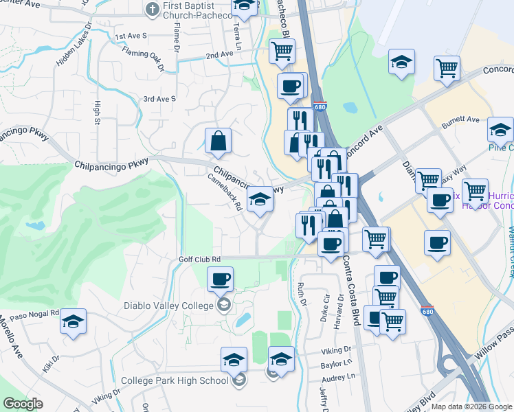 map of restaurants, bars, coffee shops, grocery stores, and more near 131F Chilpancingo Parkway in Pleasant Hill