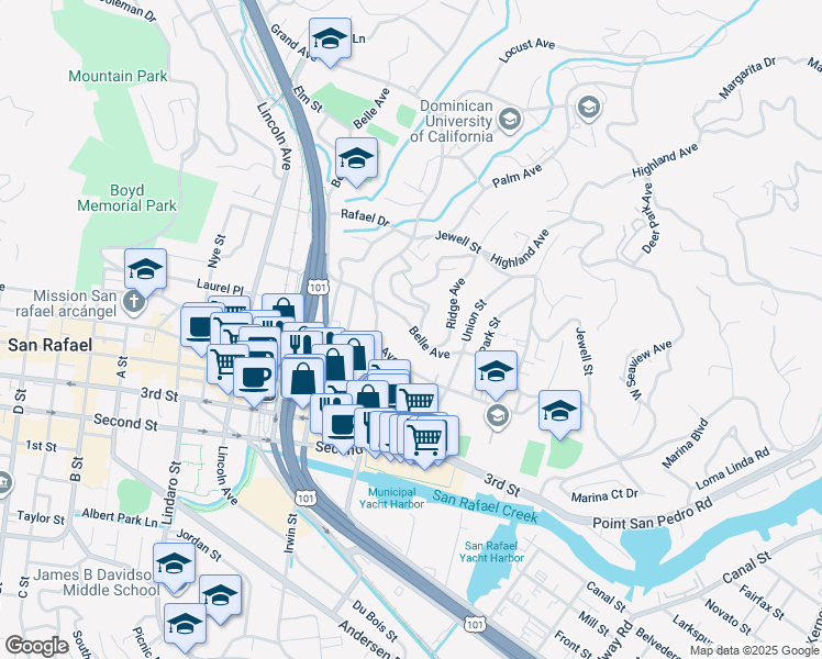 map of restaurants, bars, coffee shops, grocery stores, and more near 523 Belle Avenue in San Rafael