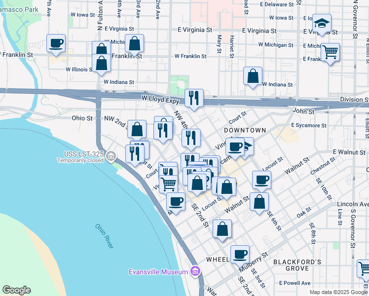 map of restaurants, bars, coffee shops, grocery stores, and more near 318 Northwest 320 Third Street in Evansville