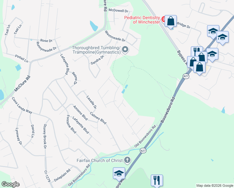 map of restaurants, bars, coffee shops, grocery stores, and more near 63 Hillcrest Drive in Winchester