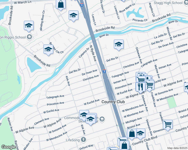 map of restaurants, bars, coffee shops, grocery stores, and more near 2725 Christina Avenue in Stockton