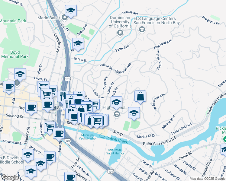 map of restaurants, bars, coffee shops, grocery stores, and more near 123 Park Street in San Rafael