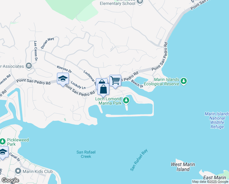 map of restaurants, bars, coffee shops, grocery stores, and more near 33 Bayharbor Way in San Rafael