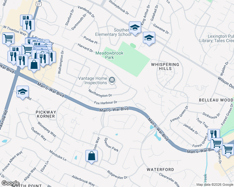 map of restaurants, bars, coffee shops, grocery stores, and more near 3970 Northampton Drive in Lexington