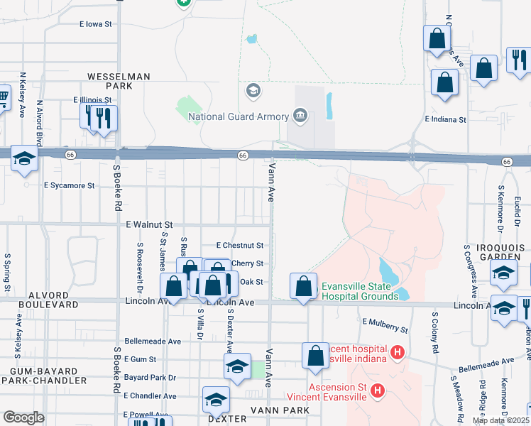 map of restaurants, bars, coffee shops, grocery stores, and more near 308 Welworth Avenue in Evansville
