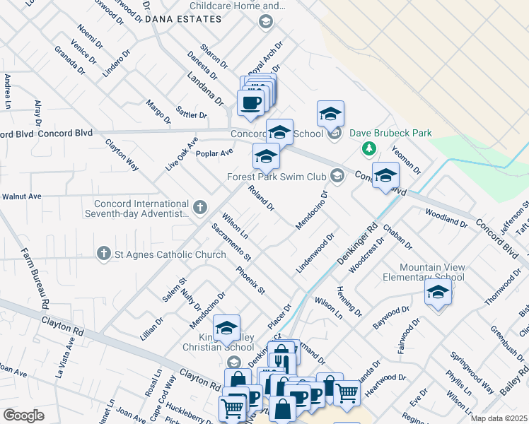 map of restaurants, bars, coffee shops, grocery stores, and more near 2407 Wardlow Lane in Concord