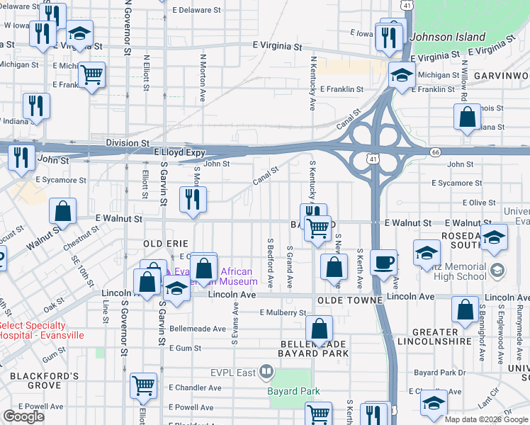 map of restaurants, bars, coffee shops, grocery stores, and more near 315 South Bedford Avenue in Evansville