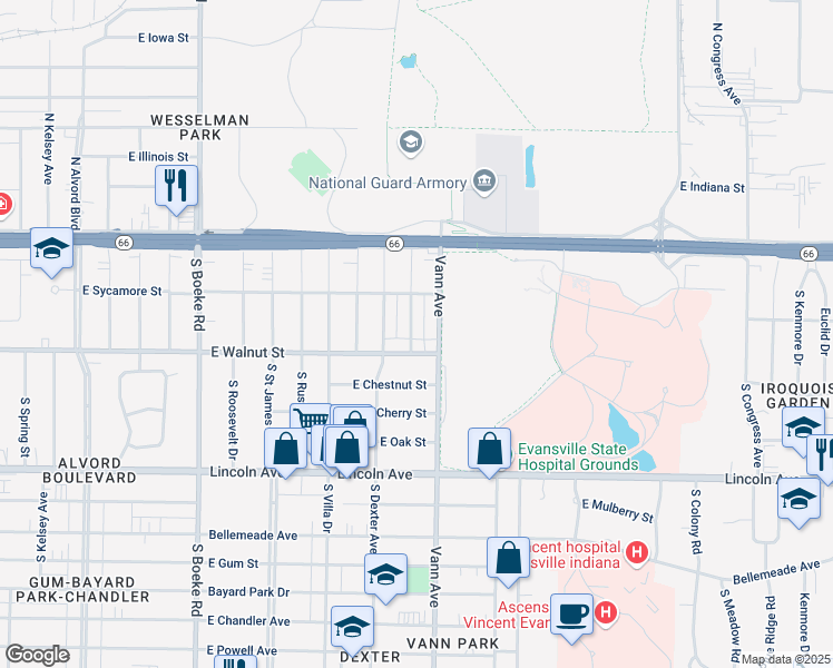 map of restaurants, bars, coffee shops, grocery stores, and more near 308 Welworth Avenue in Evansville
