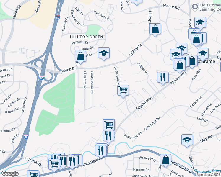 map of restaurants, bars, coffee shops, grocery stores, and more near 24 La Paloma Place in El Sobrante