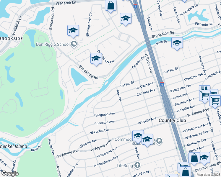 map of restaurants, bars, coffee shops, grocery stores, and more near 3033 Del Rio Drive in Stockton