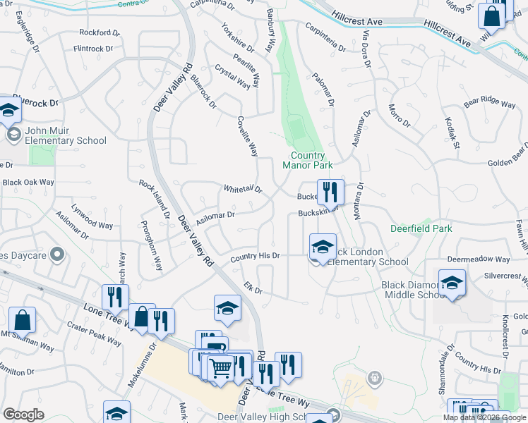 map of restaurants, bars, coffee shops, grocery stores, and more near 2522 Whitetail Drive in Antioch