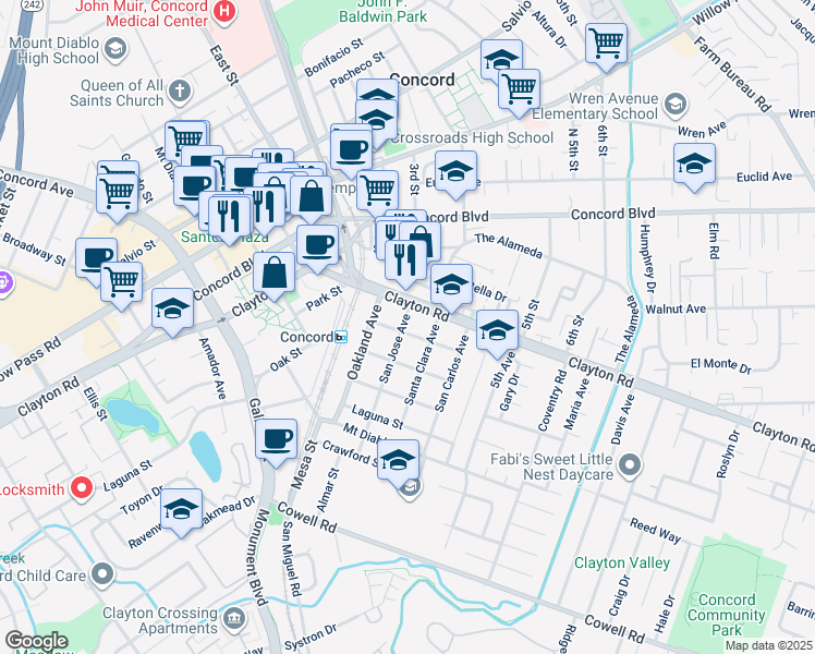 map of restaurants, bars, coffee shops, grocery stores, and more near 2801 Pacific Street in Concord