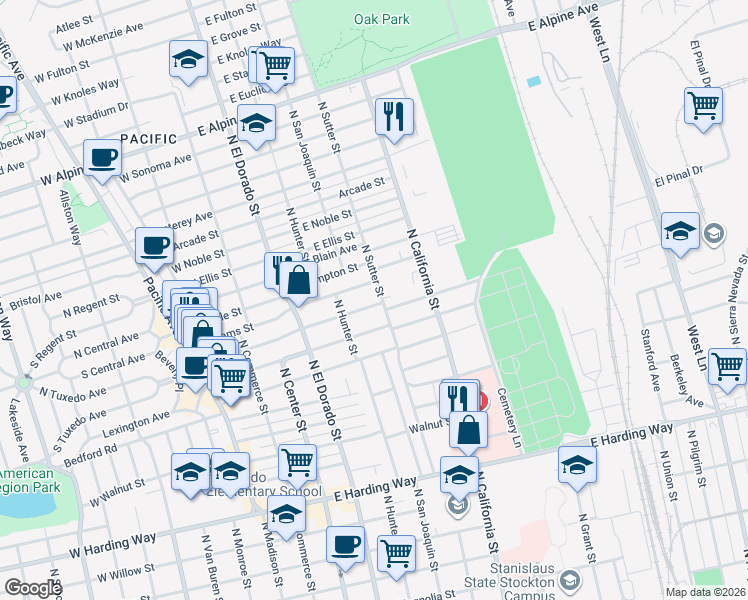 map of restaurants, bars, coffee shops, grocery stores, and more near 339 East Pine Street in Stockton