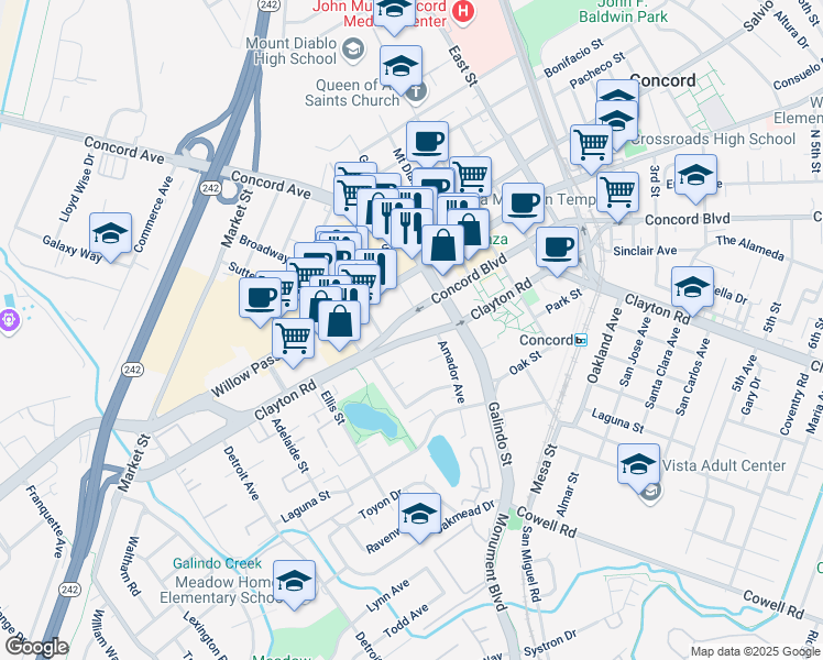 map of restaurants, bars, coffee shops, grocery stores, and more near 1875 Clayton Road in Concord