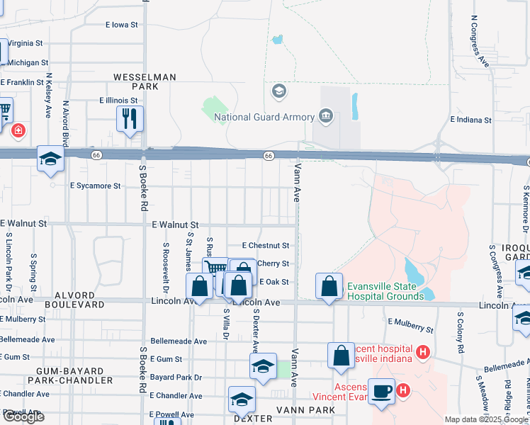 map of restaurants, bars, coffee shops, grocery stores, and more near 308 South Dexter Avenue in Evansville
