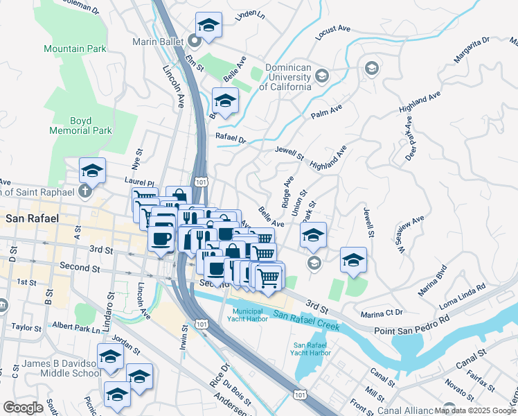 map of restaurants, bars, coffee shops, grocery stores, and more near 523 Belle Avenue in San Rafael