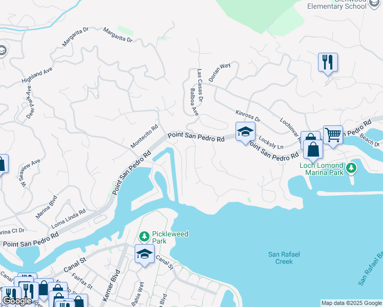 map of restaurants, bars, coffee shops, grocery stores, and more near 26 Bay Way in San Rafael