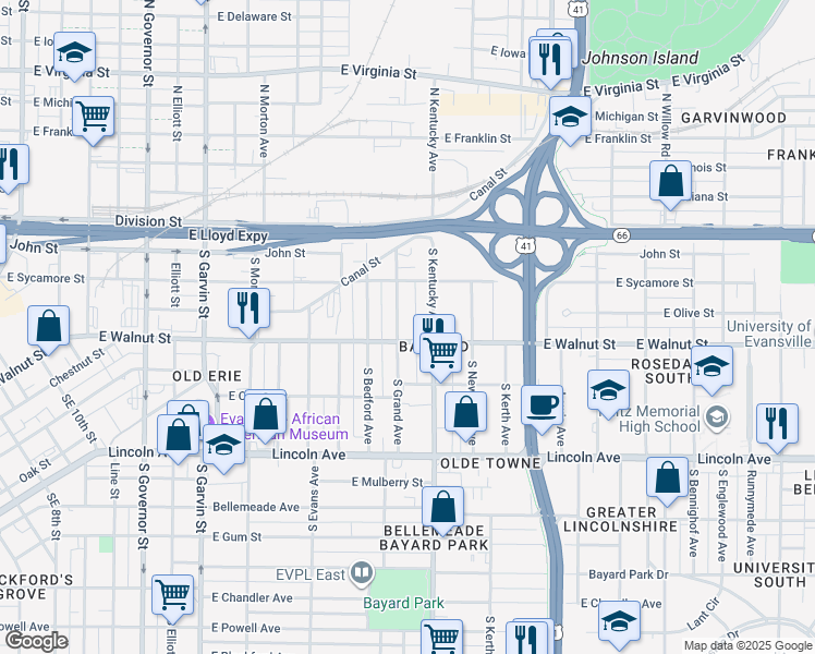 map of restaurants, bars, coffee shops, grocery stores, and more near 312 South Grand Avenue in Evansville